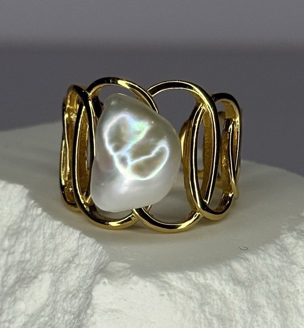 925 Sterling Silver Gold Plated Pearl Ring Adjustable
